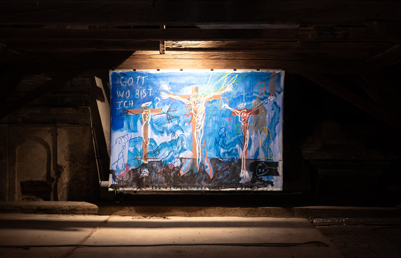 Guillaume Bruère* 1976 in Châtellerault (FR), lebt in Berlin (DE), 03.04.2017, Acryl und Ölkreide auf Leinwand, 200 x 300 cm, KULTUMUSEUM Graz, aus: Guillaume Bruère: DEAD&ALIVE. Alte Meister (2021) / Foto: KULTUM/Adnan Babahmetovic